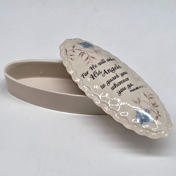 Ceramic Trinket Box With Religious Quote Blue Floral Design Oval Shape 5.5" - Picture 1 of 7